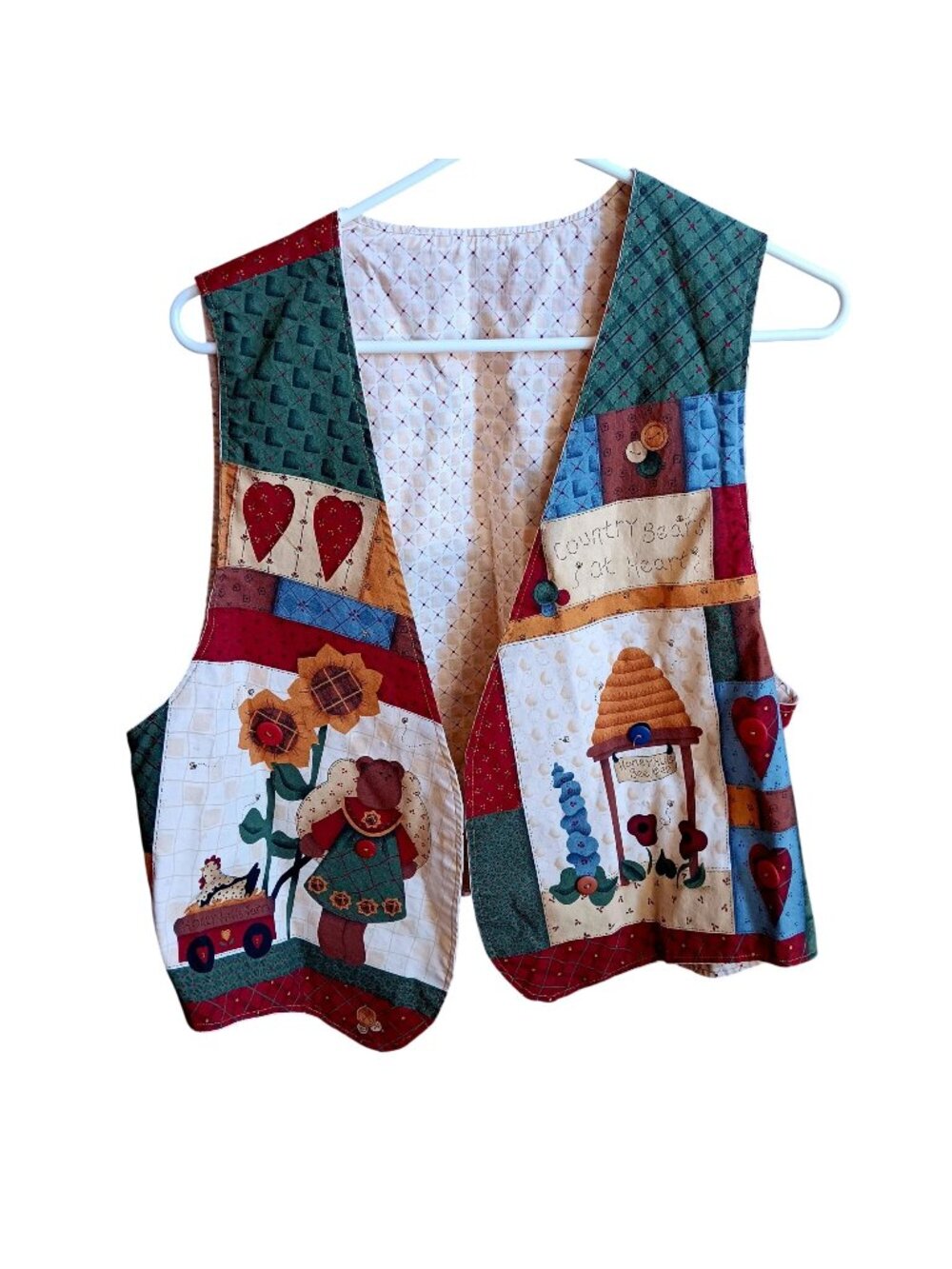 Vintage 90's Cottage Vest Handmade Patchwork Country Bears Quilted Whimsical